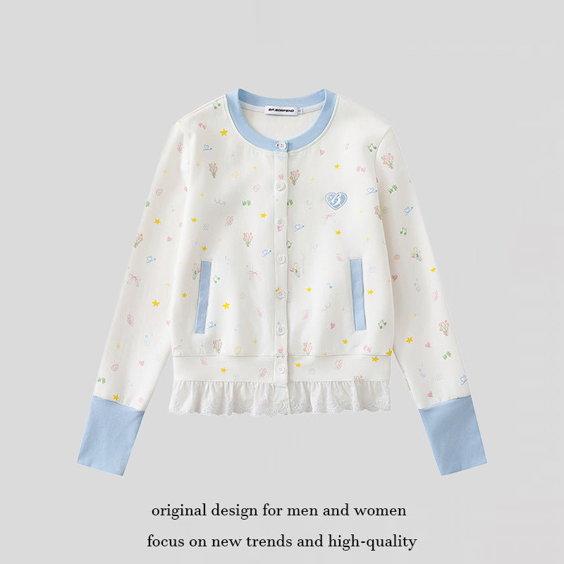Damen Knopfleisten-Cardigan mit Spitzenvolant, pastelligem Allover-Print und Kontrastbündchen Nord Taschen