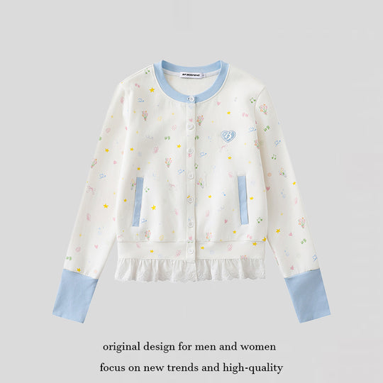 Damen Knopfleisten-Cardigan mit Spitzenvolant, pastelligem Allover-Print und Kontrastbündchen Nord Taschen