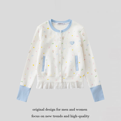 Damen Knopfleisten-Cardigan mit Spitzenvolant, pastelligem Allover-Print und Kontrastbündchen Nord Taschen