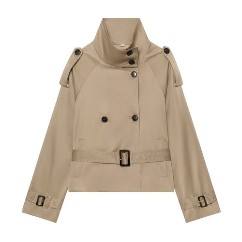 Damen Kurze taillierte Trenchjacke im Cape‑Look mit hohem Funnelkragen und Schnallenmanschetten Nord Taschen