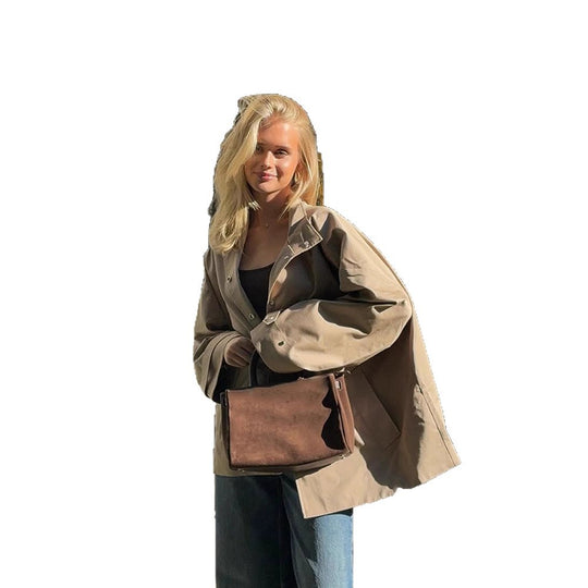 Damen Oversize Kurzmantel im Trench‑Look mit kastiger Silhouette und verdeckter Druckknopfleiste Nord Taschen