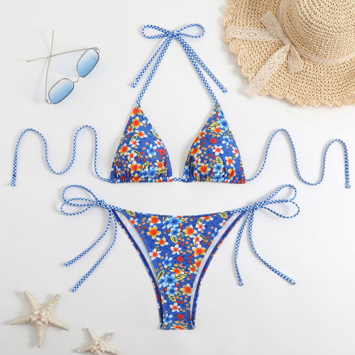 Damen Triangel-Bikini-Set mit verspieltem Blumenmuster und feinen Bindebändern