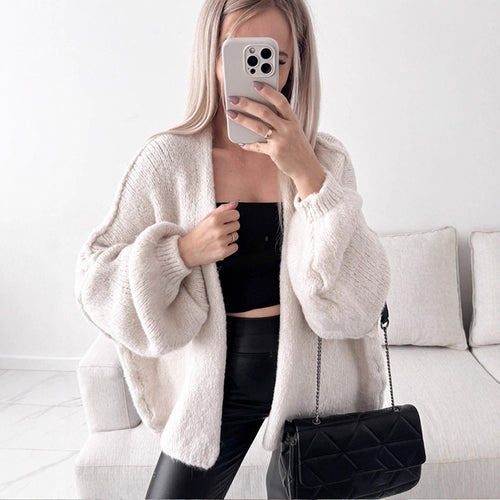 Damen Oversize Strickcardigan mit voluminösen Ballonärmeln und teddyähnlicher Struktur Nord Taschen