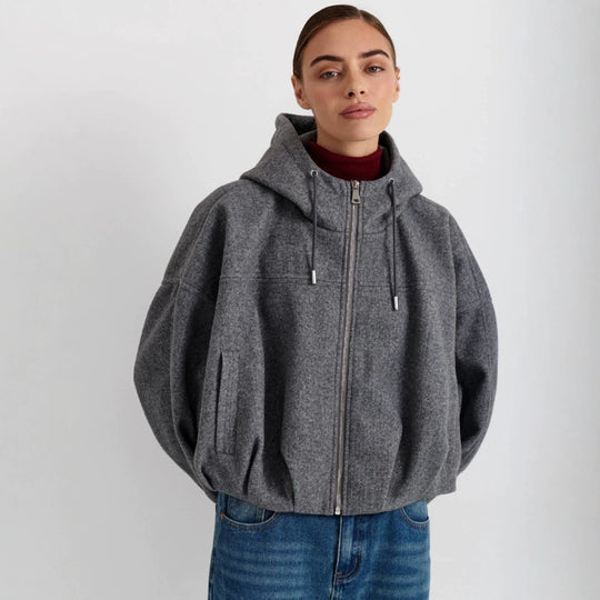Damen Kurzjacke aus Wollmix mit Kapuze, kastiger Boxy‑Silhouette & gerafftem Saum Nord Taschen
