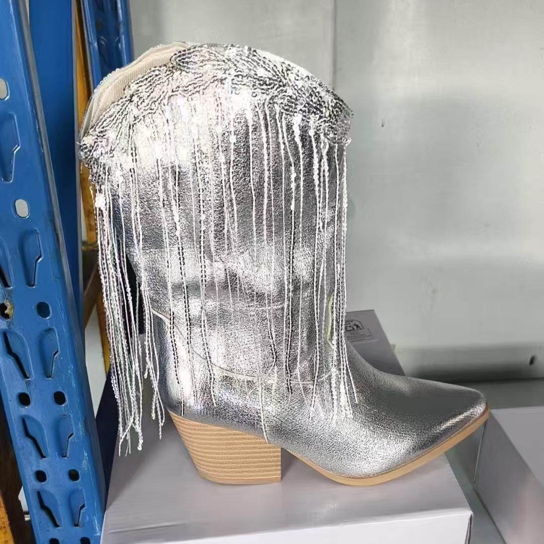 Damen nan kniehohe Fransen-Cowboystiefel mit feiner Perlenfransen-Verzierung und geformtem Blockabsatz Nord Taschen