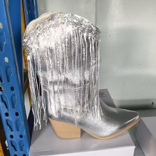 Damen nan kniehohe Fransen-Cowboystiefel mit feiner Perlenfransen-Verzierung und geformtem Blockabsatz Nord Taschen