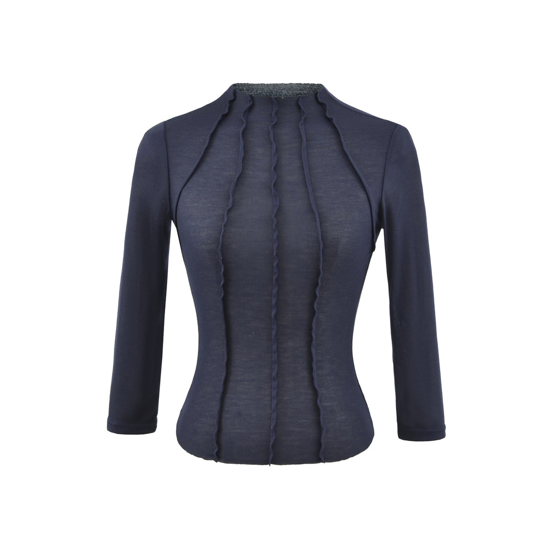 Damen Figurbetontes Langarmshirt mit Stehkragen und Zier-Volants Nord Taschen