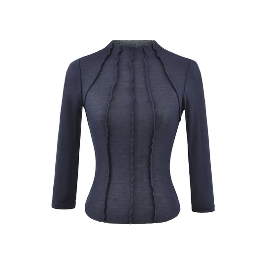 Damen Figurbetontes Langarmshirt mit Stehkragen und Zier-Volants Nord Taschen