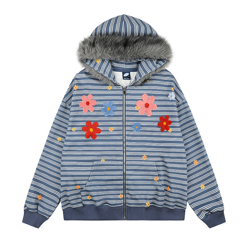 Damen Kapuzen-Zipjacke im gestreiften French-Terry mit Kunstfellkapuze und Blumenstickerei Nord Taschen