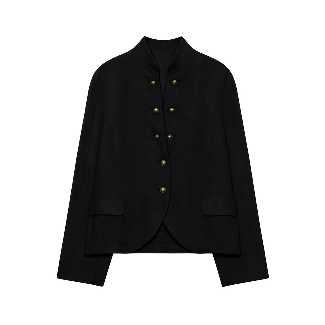 Damen Elegante Kurzjacke mit Stehkragen, Zierriegelknöpfen und Pattentaschen Nord Taschen