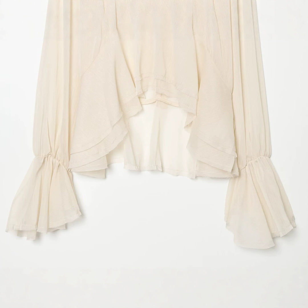 Damen Transparente Chiffonbluse mit Volant-Rücken und Glockenärmeln Nord Taschen