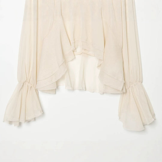 Damen Transparente Chiffonbluse mit Volant-Rücken und Glockenärmeln Nord Taschen