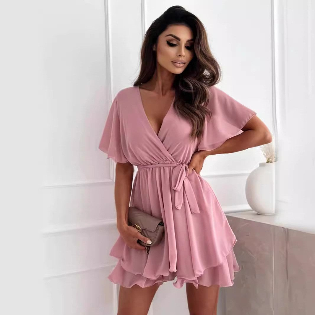 Damen luftiges Wickelkleid mit V-Ausschnitt und schwingendem Rock