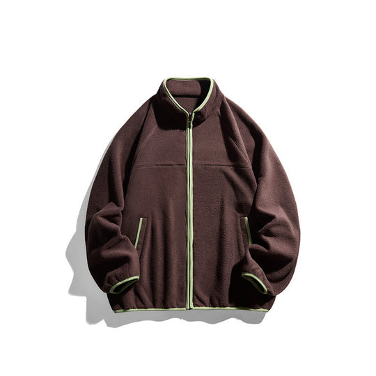 Unisex Fleecejacke mit durchgehendem Reißverschluss im Oversize-Boxy-Schnitt, Stehkragen und Kontrastpaspel Nord Taschen