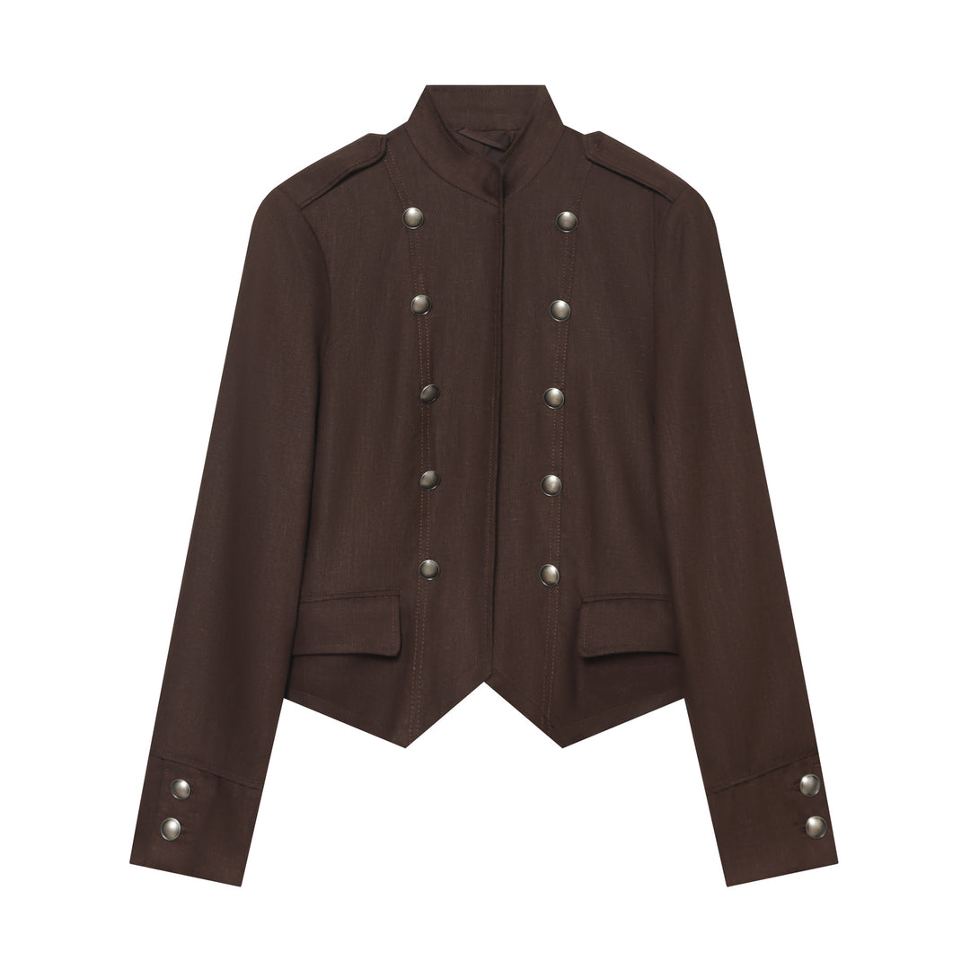 Damen Kurzblouson im Militärstil mit Stehkragen, doppelreihiger Zierknopfleiste und spitzem Saum Nord Taschen