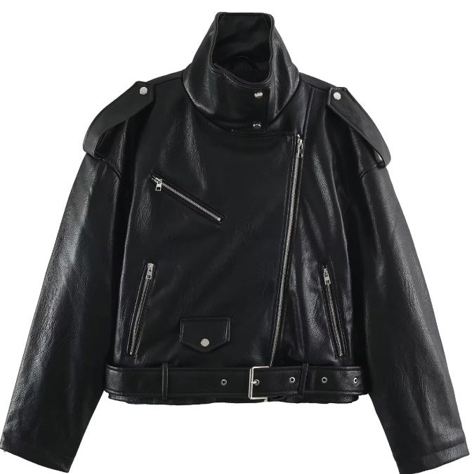 Damen Kurz geschnittene Bikerjacke aus Kunstleder mit asymmetrischem Reißverschluss, Stehkragen und Schulterklappen Nord Taschen