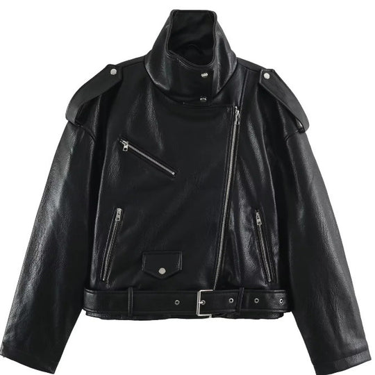 Damen Kurz geschnittene Bikerjacke aus Kunstleder mit asymmetrischem Reißverschluss, Stehkragen und Schulterklappen Nord Taschen