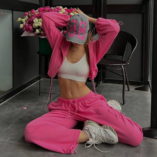 Damen lässiges Zweiteiler-Hoodie-Set mit verlängerter Kapuzenjacke und hochgeschnittener Taillen-Jogginghose Nord Taschen