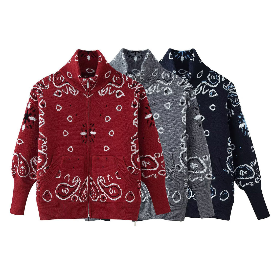 Damen 40+ gemusterte Strickjacke mit Reißverschluss und Stehkragen Nord Taschen