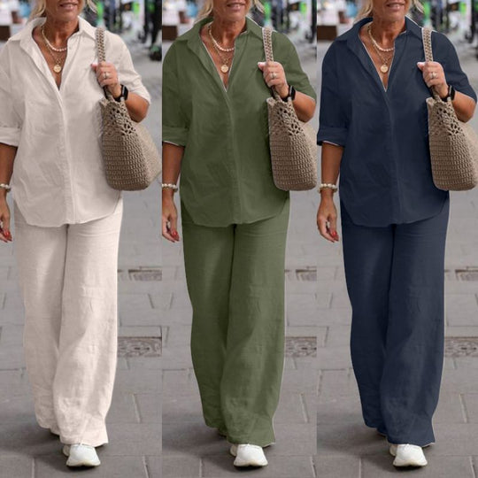 Damen Leichtes Leinen-Optik Zweiteiler mit Oversize-Hemd und weiter Palazzohose Nord Taschen