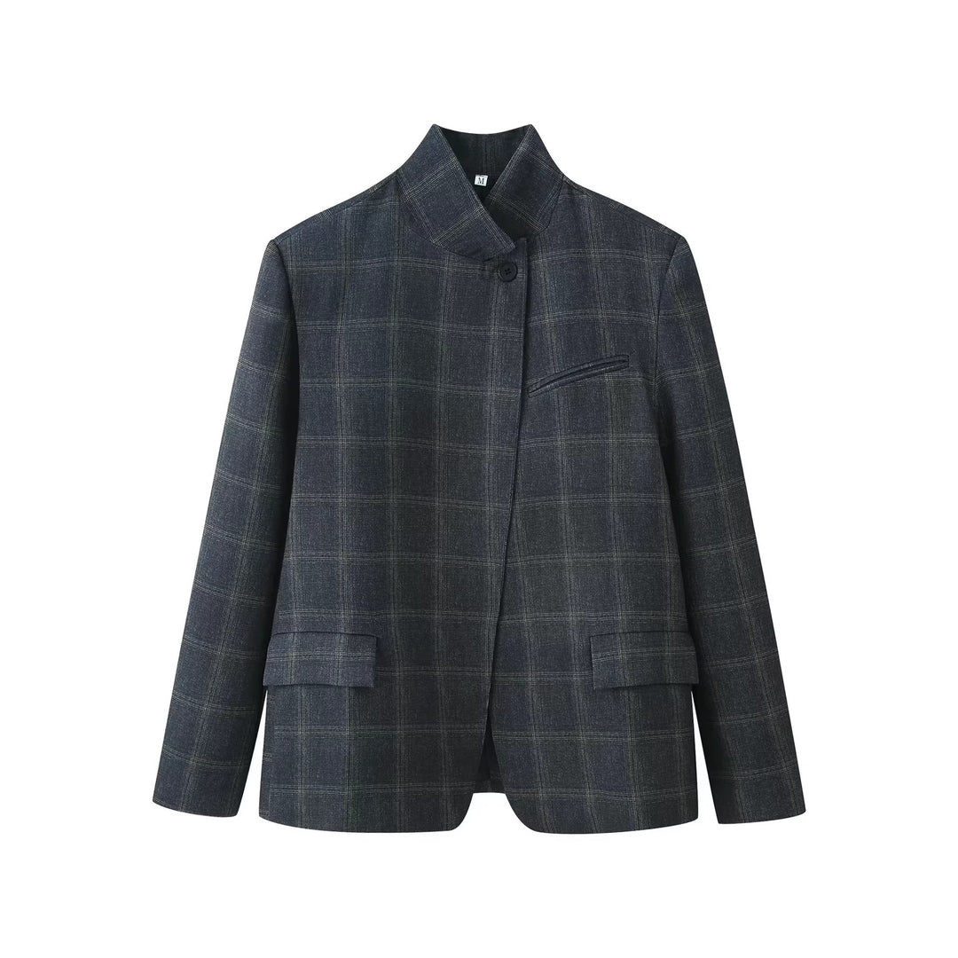 Damen Gerade geschnittener Glencheck-Blazer mit Stehkragen und Pattentaschen Nord Taschen