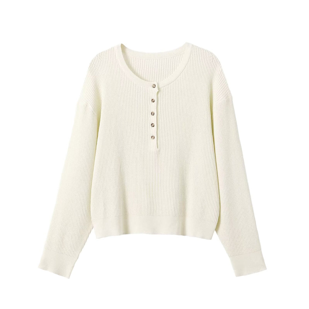 Damen Grobgestrickter Waffelstrick-Pullover mit Henley-Knopfleiste Nord Taschen