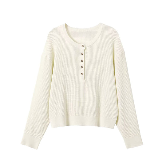 Damen Grobgestrickter Waffelstrick-Pullover mit Henley-Knopfleiste Nord Taschen