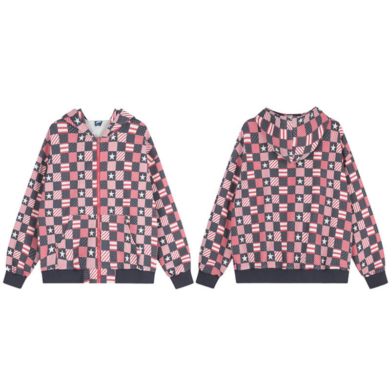 Damen Zip-Kapuzenjacke mit Allover-Patchwork-Sternen- und Streifenmuster Nord Taschen