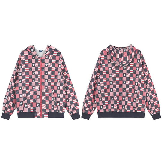 Damen Zip-Kapuzenjacke mit Allover-Patchwork-Sternen- und Streifenmuster Nord Taschen