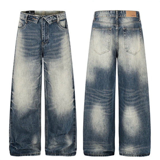 Damen Weite hochgeschnittene Jeanshose im Palazzo‑Schnitt mit Used‑Waschung Nord Taschen