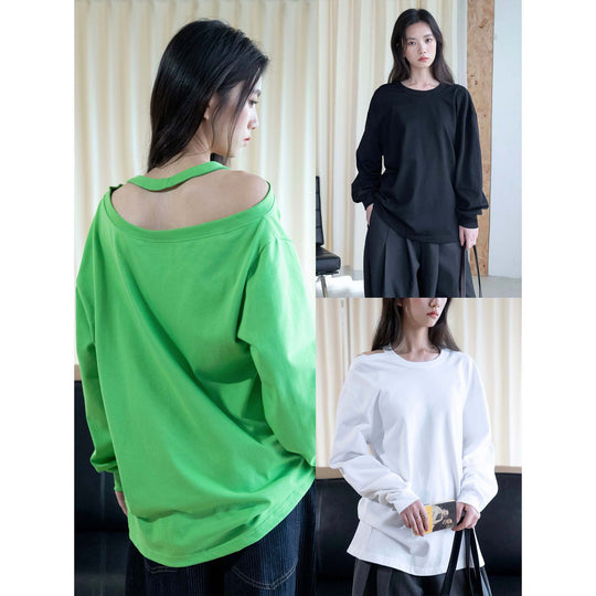 Damen Oversized Longsleeve Baumwollshirt mit Rundhalsausschnitt und überschnittener Schulter Nord Taschen