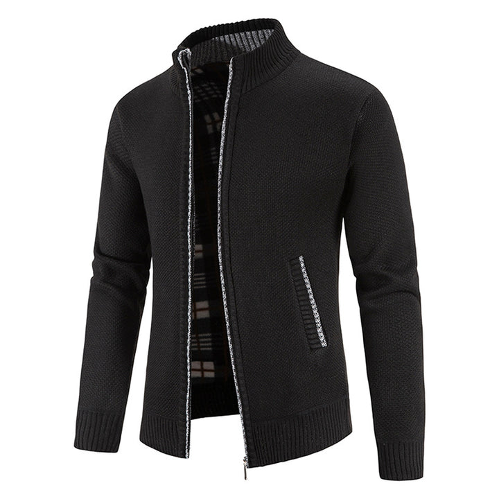 Herren Strickjacke mit durchgehendem Reißverschluss, Stehkragen und kariertem Futter Nord Taschen