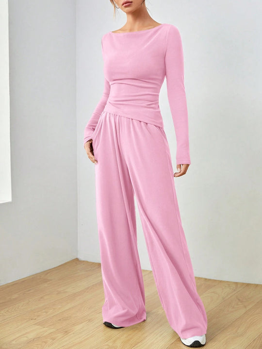 Damen Loungewear-Set aus weichfallendem Jersey mit U-Boot-Ausschnitt, tailliertem Longsleeve und weiter Palazzo-Hose Nord Taschen