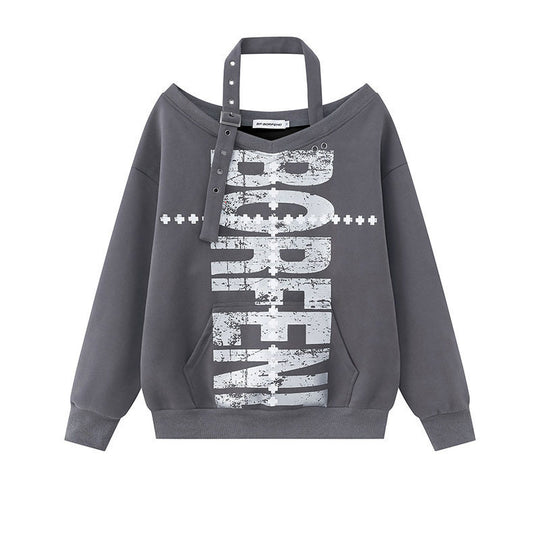Damen Baumwoll-Mix Pullover mit abnehmbarem Nackenriemen, Kängurutasche und distressed Logoprint Nord Taschen