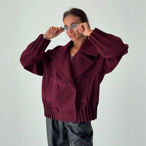 Damen Kurzer Boxy-Wollmantel mit übergroßem Schalkragen, doppelter Knopfleiste und geripptem Bund Nord Taschen