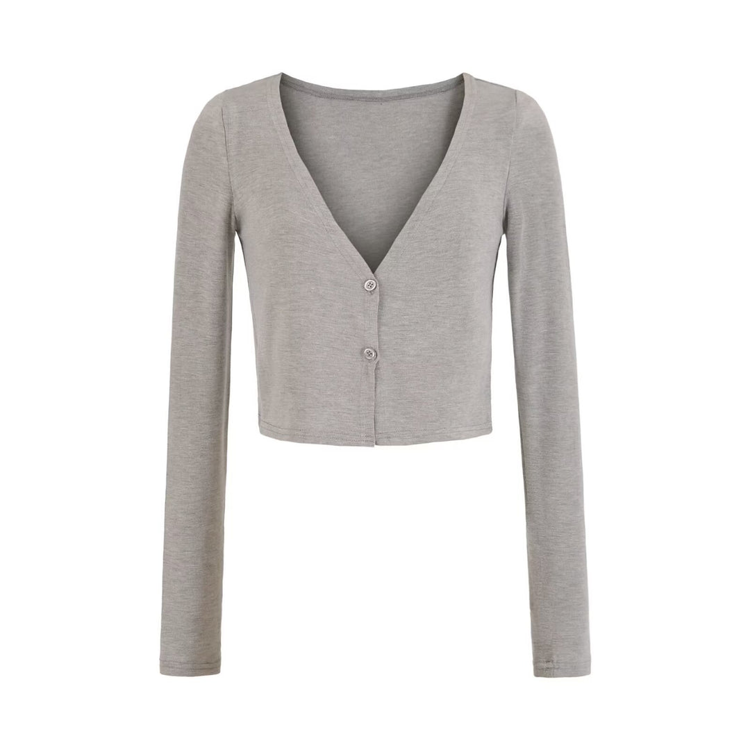 Damen Kurzer Feinstrick-Cardigan mit tiefem V-Ausschnitt und knöpfbarer Front Nord Taschen