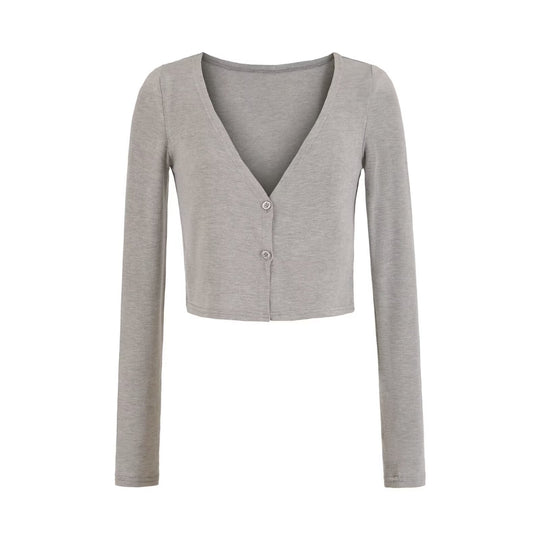 Damen Kurzer Feinstrick-Cardigan mit tiefem V-Ausschnitt und knöpfbarer Front Nord Taschen