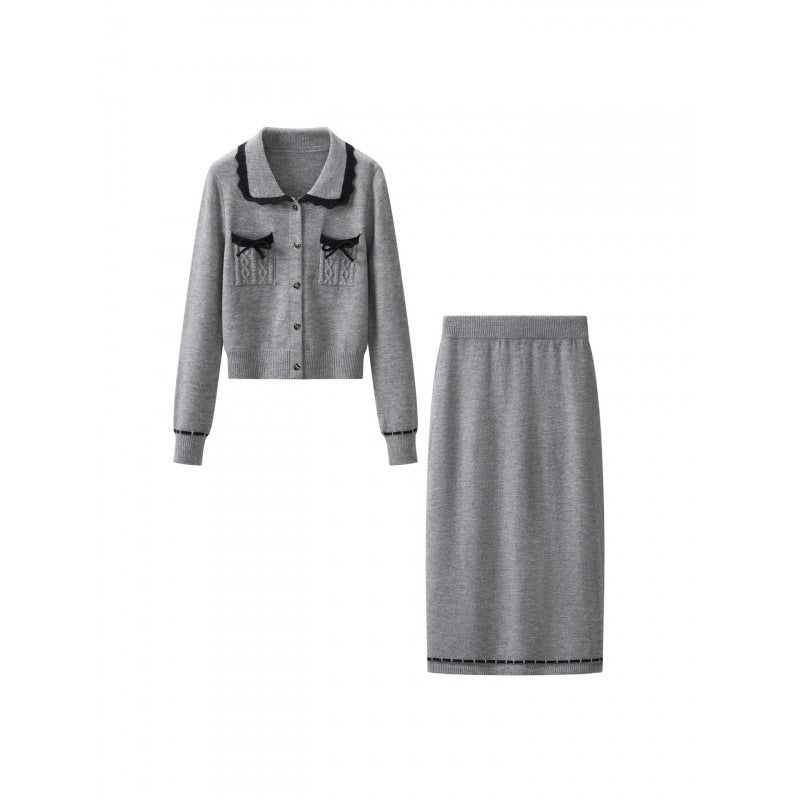 Damen Zweiteiliges Feinstrick‑Set mit kurzgeschnittenem Rüschen‑Cardigan und High‑Waist Bleistiftrock Nord Taschen