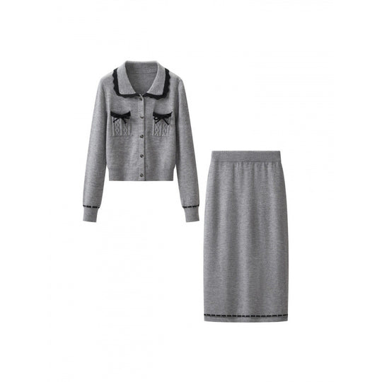 Damen Zweiteiliges Feinstrick‑Set mit kurzgeschnittenem Rüschen‑Cardigan und High‑Waist Bleistiftrock Nord Taschen