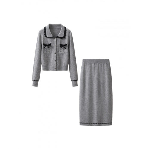 Damen Zweiteiliges Feinstrick‑Set mit kurzgeschnittenem Rüschen‑Cardigan und High‑Waist Bleistiftrock Nord Taschen