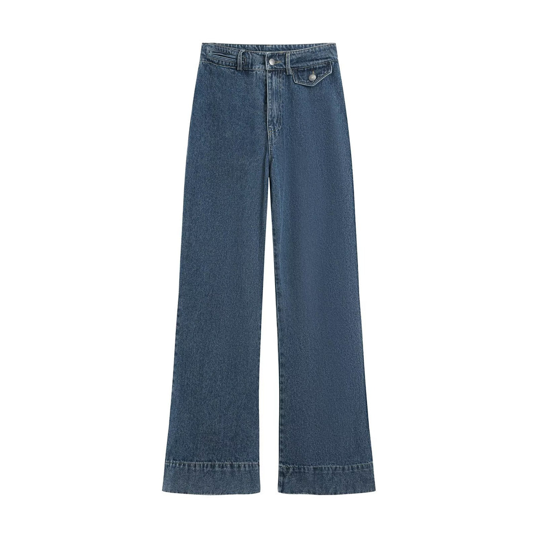 Damen Denim-Set aus boxiger Jacke mit Stehkragen und hochgeschnittener Schlaghose Nord Taschen