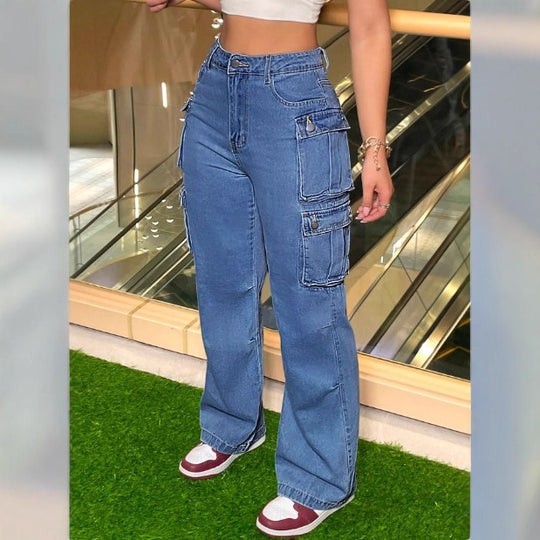 Damen Cargo-Denim-Hose mit weitem Bein, hoher Taille & multifunktionalen Klappentaschen Nord Taschen