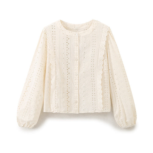 Damen Broderie Anglaise Baumwollbluse mit Rüschenbesatz und Ballonärmeln Nord Taschen