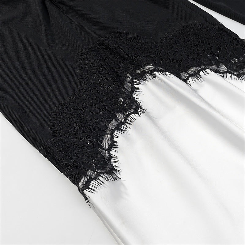 Damen Zweiton-Maxikleid mit geraffter V‑Passe, Spitzenbesatz und langen Ärmeln Nord Taschen