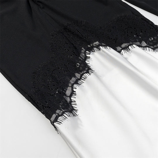 Damen Zweiton-Maxikleid mit geraffter V‑Passe, Spitzenbesatz und langen Ärmeln Nord Taschen