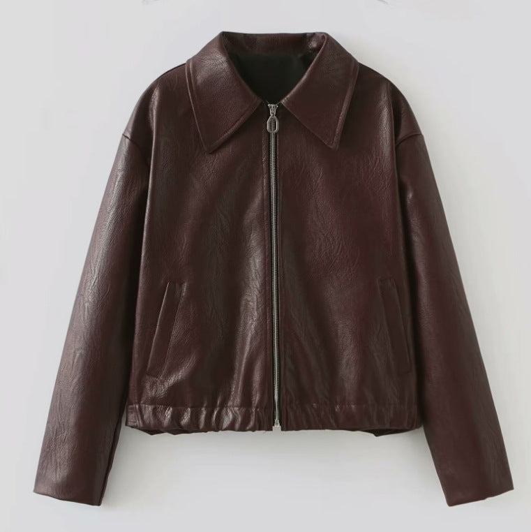 Damen 500+ leichte oversize Kunstleder‑Blousonjacke mit Hemdkragen, Reißverschluss und elastischem Saum Nord Taschen