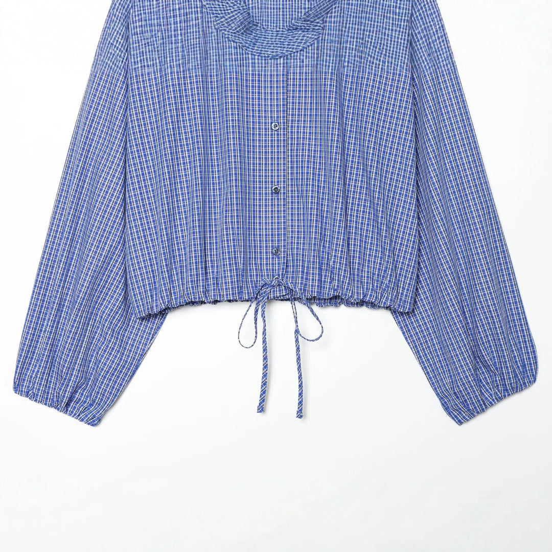 Damen Kariertes Cropped-Hemd mit Stehkragen, Kordelzugsaum und Ballonärmeln Nord Taschen