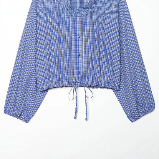 Damen Kariertes Cropped-Hemd mit Stehkragen, Kordelzugsaum und Ballonärmeln Nord Taschen
