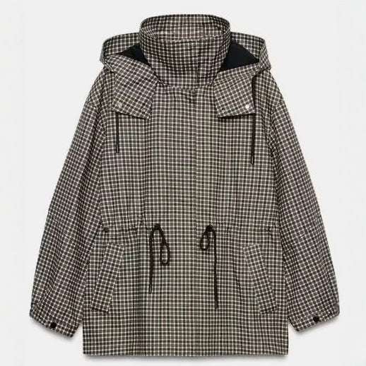 Damen karierter Anorak mit Kapuze und Tunnelzug Nord Taschen