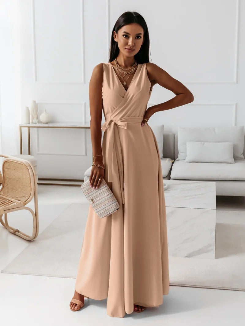 Damen Wickel-Maxikleid mit tiefem V-Ausschnitt und fließendem Schnitt